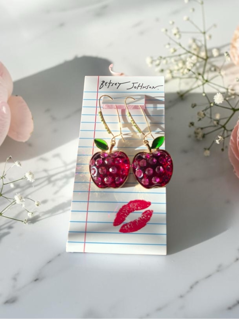 Betsey Johnson Pink Cherry Dangle Earrings with Green Leaves NWT
